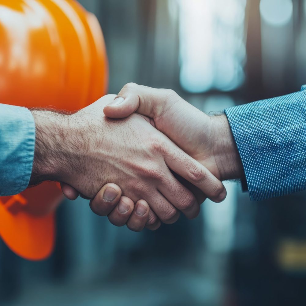 Architect and engineer construction workers shaking hands while working for teamwork and cooperation concept after finish an agreement.